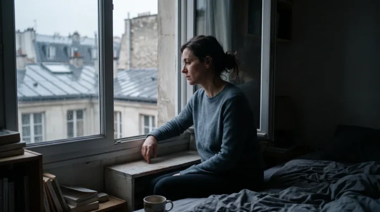 Femme assise seule dans un intérieur sombre, illustrant l'emprise relationnelle