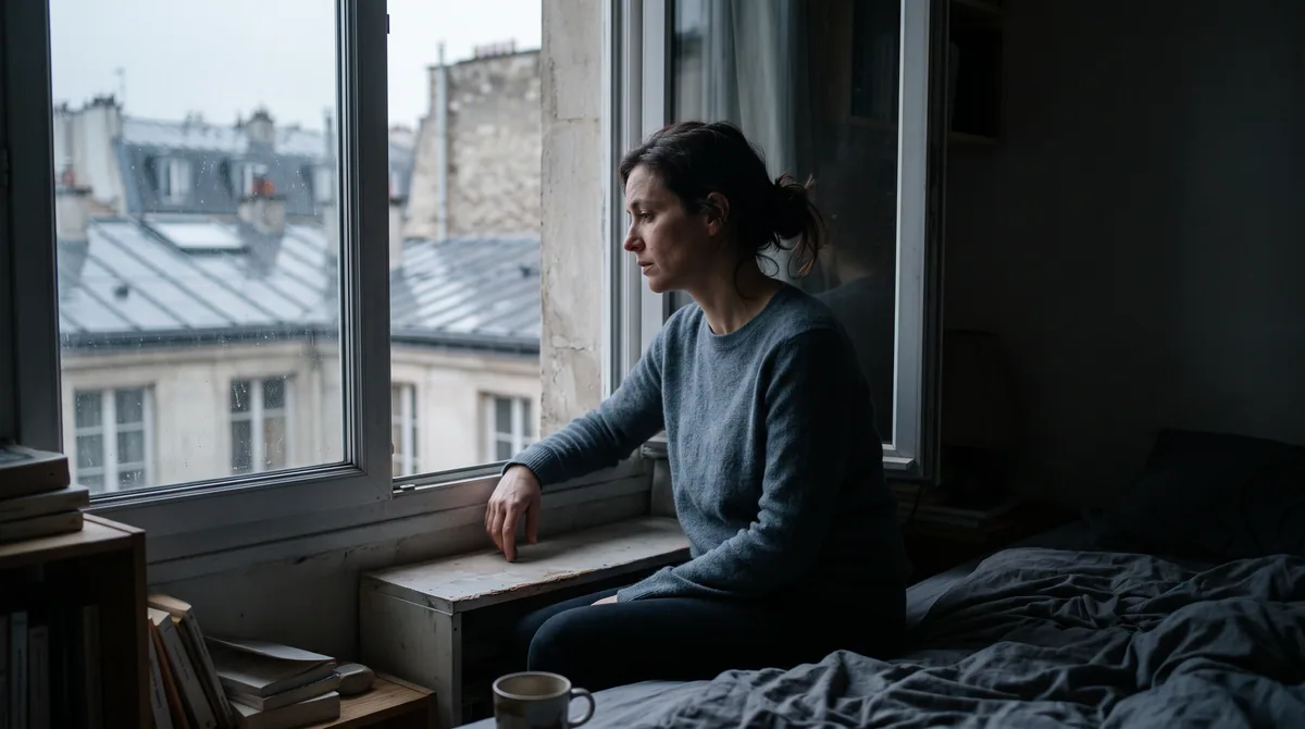 Femme assise seule dans un intérieur sombre, illustrant l'emprise relationnelle