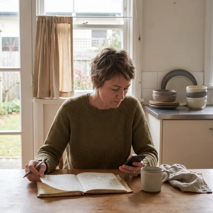 pervers-narcissique-ou-egoiste-differences-avec-immaturite-e Une femme relit seule des messages et des notes sur une table de cuisine, dans une lumière calme du matin.