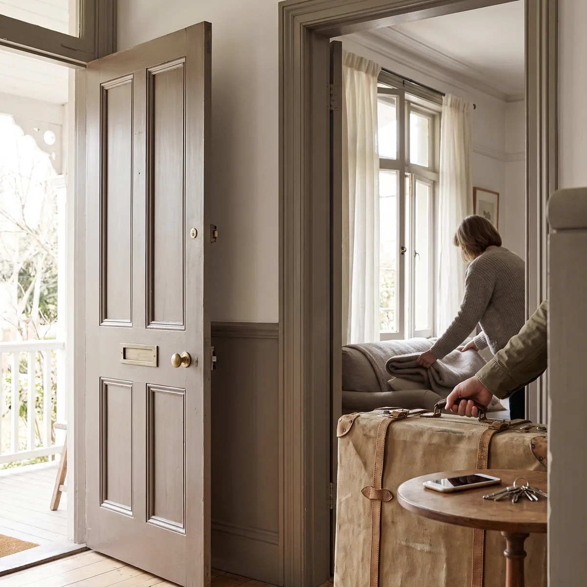 Une valise prête près d'une porte d'entrée ouverte, un téléphone et des clés posés sur une table à côté.