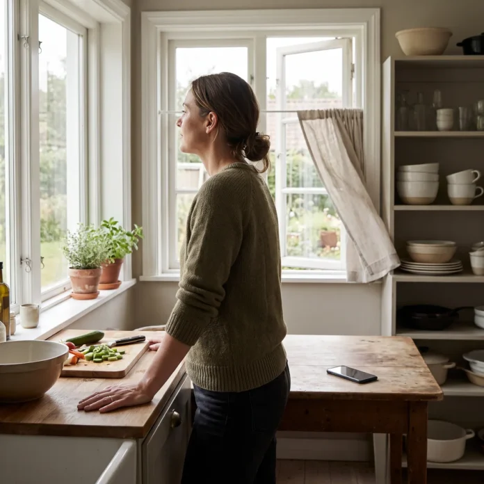inversion-culpabilite-repondre-tu-es-trop-sensible-sans-se-j Une femme marque une pause silencieuse près d'une fenêtre de cuisine, mains posées sur le plan de travail.