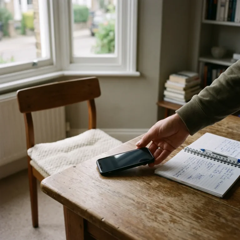 Une main pose un téléphone écran contre une table, près d'un carnet ouvert avec une note griffonnée.