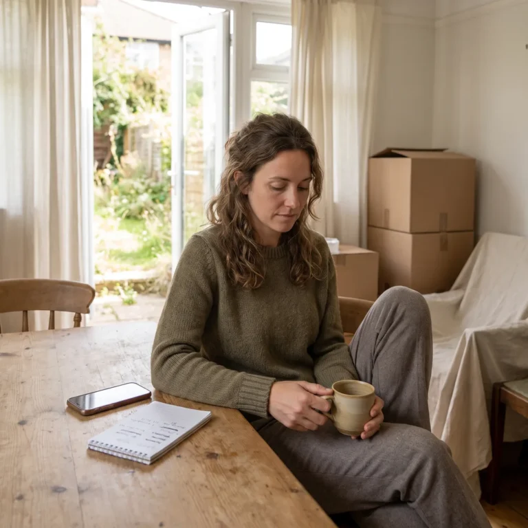 Une femme assise seule à une table de cuisine tourne une tasse entre ses mains, un carnet ouvert à côté d'elle.