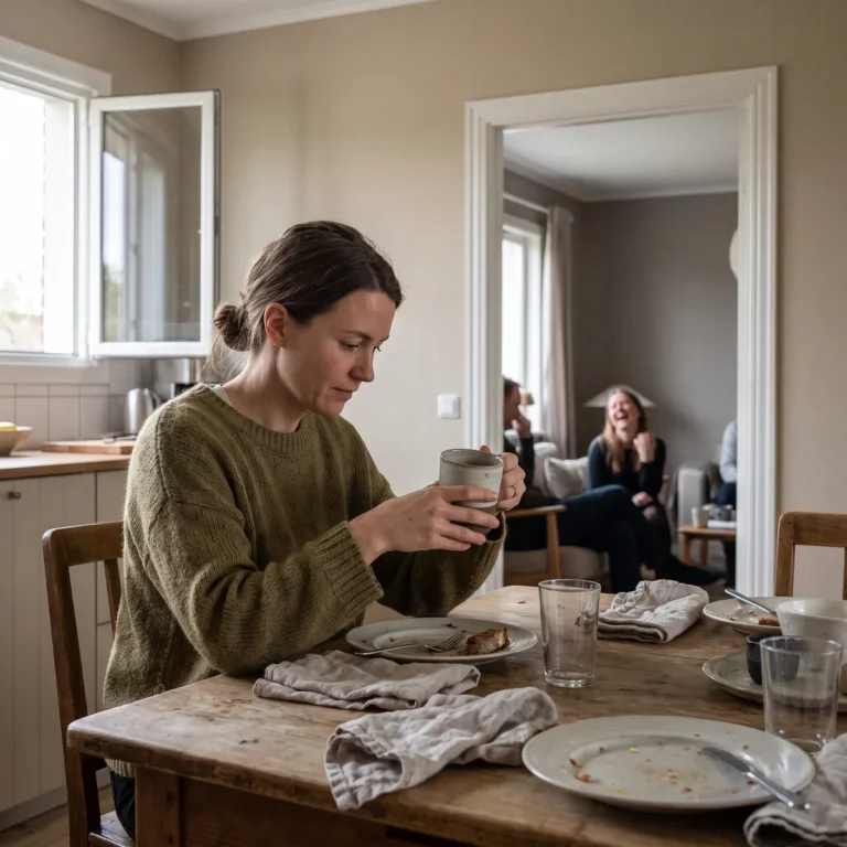 Une femme assise seule à une table après un repas, le regard baissé, pendant que des voix résonnent dans une autre pièce.